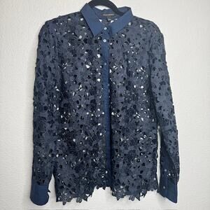 Banana Republic Navy Lace Blouse Button Front Sheer Collared Size L